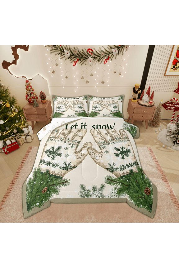Christmas Gloves Queen Comforter Set, Winter Pine Tree Bedding Sets, Winter Snowflake Reversible Bedding Comforter Set, Lightweight Room Decor,3-Piece