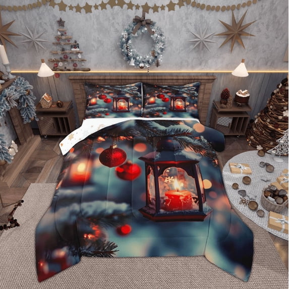 Feelyou Christmas Holiday Full Size Comforter Sets, Xmas Tree Snowflake Bedding Comforter Set, Vintage Western Festival Reversible Bedding Sets, Microfiber Bedroom Decor, 3pcs