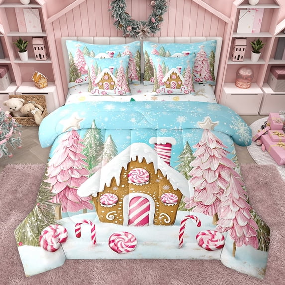 Feelyou Christmas Lollipop Kids Bedding Comforter Set 7 Pieces, Winter Rustic Cabin Full Bedding Set, Pink Xmas Tree Reversible Fitted Sheet Flat Sheet, Super Cozy Room Decor