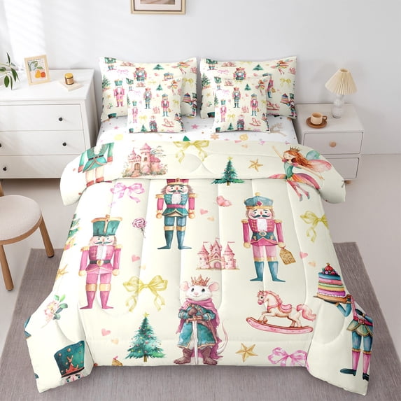 Feelyou Christmas Nutcracker Bedding Comforter Set 7pcs for Kid, Dreamy Princess Castle King Bedding Sets, Cartoon Bowknot Reversible Bed Sheets, Luxury Bedroom Decor, 3pcs