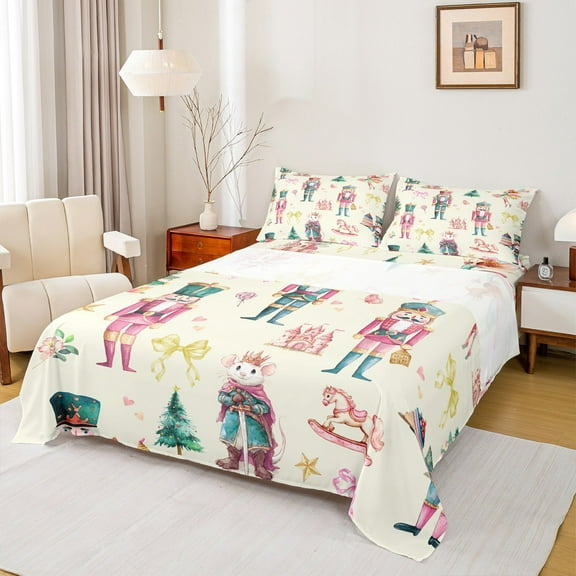 Feelyou Christmas Nutcracker Twin Sheet Sets for Kid, Dreamy Princess Castle Twin Fitted Sheet, Cartoon Bowknot Flat Sheet, Luxury Bedroom Decor, 3pcs