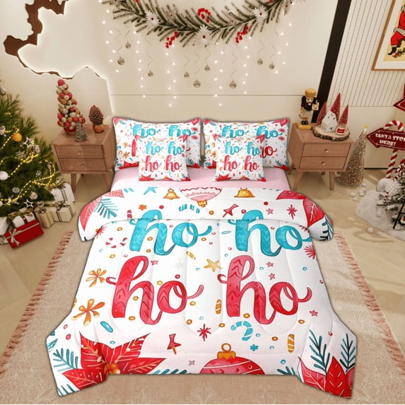 Feelyou Christmas Party Bedding Comforter Set 7pcs, Red Flower Floral King Bedding Sets, Cartoon Stars Print Reversible Bed Sheets, Super Cozy Room Decor