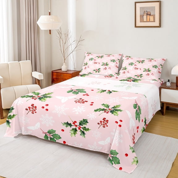 Feelyou Christmas Poinsettia Floral Twin Sheet Sets, Winter Snowflake Twin Fitted Sheet, Kids Boys Girls Flat Sheet, Breathable Home Decor, 3pcs