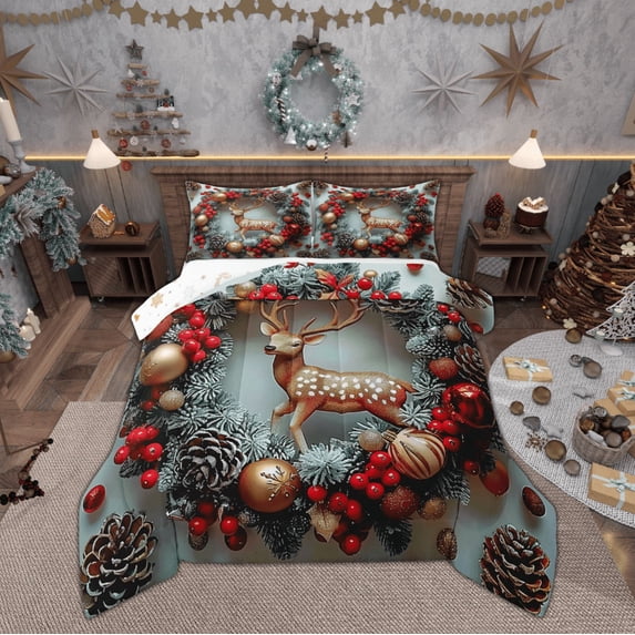 Feelyou Christmas Poinsettia Flower Bedding Comforter Set, Winter Festival Twin Comforter Sets, Teen Kid Child Adult Reversible Bedding Set, Super Cozy Room Decor, 2pcs