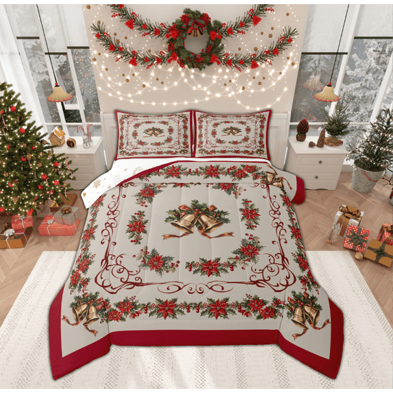 Feelyou Christmas Poinsettia Flower Full Size Comforter Sets, Vintage Western Festival Bedding Comforter Set, Gold Xmas Bell Reversible Bedding Sets, Lightweight Room Decor, 3 Pieces