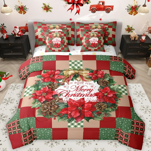 Feelyou Christmas Red Poinsettia Bedding Comforter Set 7 Pieces, Happy New Year Full Bedding Set, Vintage Red Green Plaid Reversible Fitted Sheet Flat Sheet, Luxury Bedroom Decor