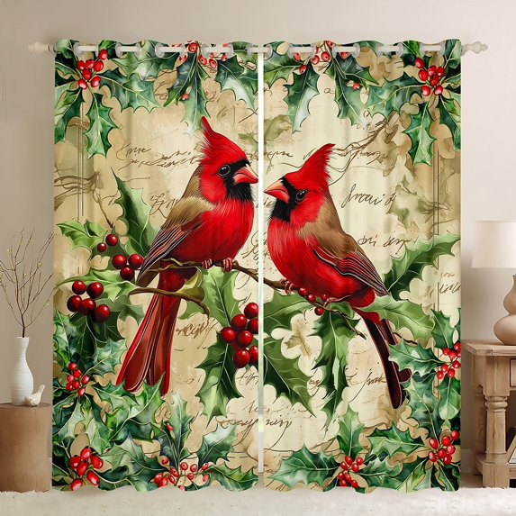 Feelyou Christmas Red Robin Blackout Curtains Set of 2 (52x84 Each), Poinsettia Leaf Plant Window Curtains, Vintage Western Fashion Curtains and Drapes, Living Room Curtains Decor