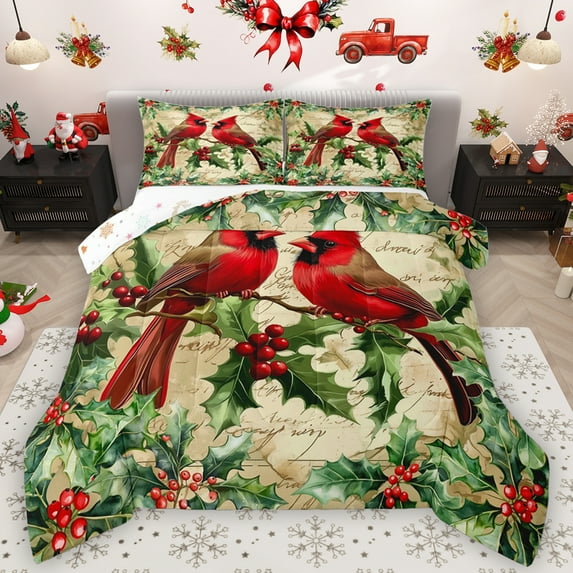 Feelyou Christmas Red Robin Queen Comforter Set, Poinsettia Leaf Plant Bedding Sets, Vintage Western Fashion Reversible Bedding Comforter Set, Breathable Home Decor, 3-Piece