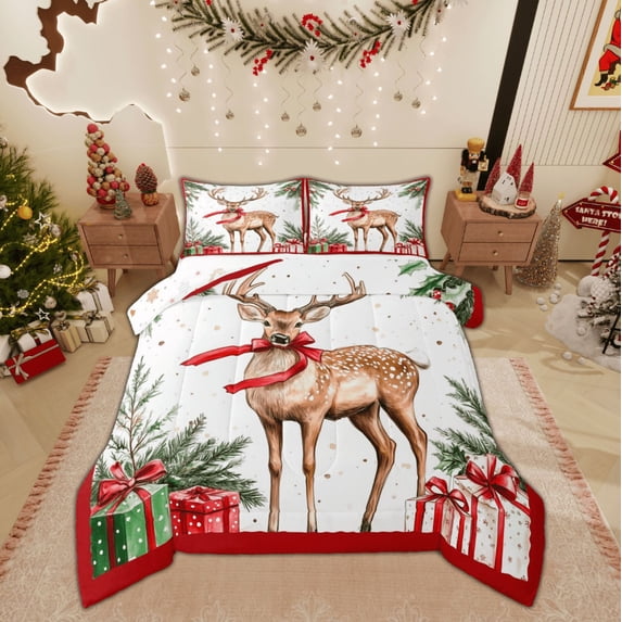Feelyou Christmas Reindeer Queen Comforter Set, Dreamy Xmas Animal Bedding Sets, Dreamy Fairy Tale Reversible Bedding Comforter Set, Breathable Home Decor,3 Pieces