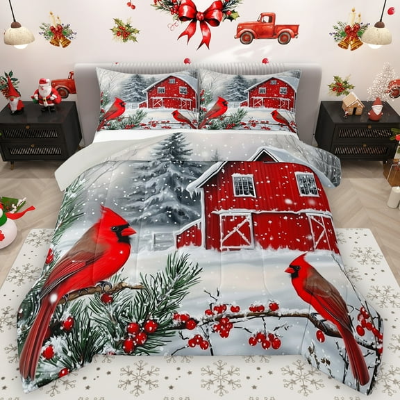 Feelyou Christmas Robin Bird Full Size Comforter Sets, Western Rustic Cabin Bedding Comforter Set, Winter Festival Reversible Bedding Sets, Ultra Soft Bedroom Decor, 3 Pieces