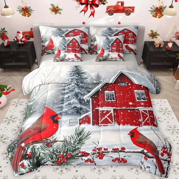 Feelyou Christmas Robin Bird Twin Bedding Sets 7-Piece, Western Rustic Cabin Bedding Comforter Set, Winter Festival Reversible Sheet Sets, Ultra Soft Bedroom Decor