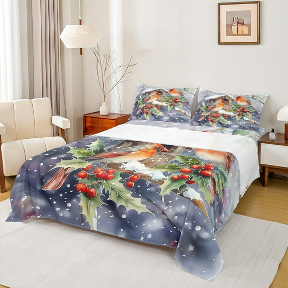 Feelyou Christmas Robin Full Size Sheets, Winter Plant Fruit Bed Sheets, Dreamy Fairy Tale Sheet Sets, Super Cozy Room Decor,4 Pieces