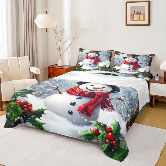 Feelyou Christmas Snowman Bed Sheets, Winter Wonderland Landscape King Sheets, Xmas Flower Sheet Set, Microfiber Bedroom Decor, 4pcs