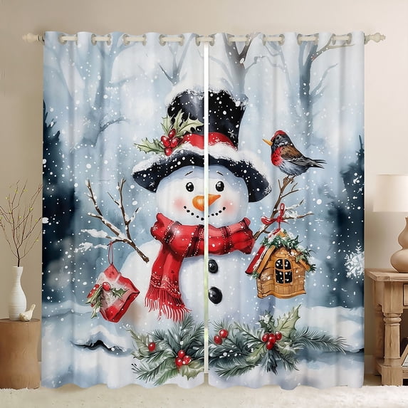 Feelyou Christmas Snowman Blackout Curtains Set of 2 (52x84 Each), Winter Wonderland Landscape Window Curtains, Cute Kawaii Bird Curtains and Drapes, Curtains and Drapes Home Decor
