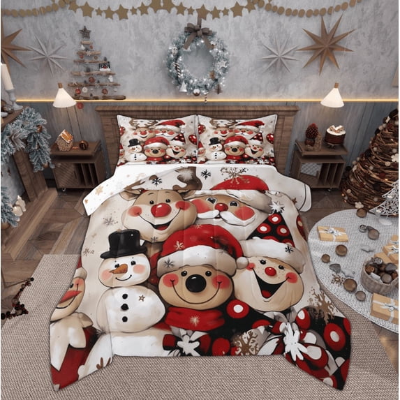 Feelyou Christmas Snowman Full Size Comforter Sets, Kawaii Cartoon Reindeer Bedding Comforter Set, Kids Teens Girls Boys Reversible Bedding Sets, Microfiber Bedroom Decor, 3pcs