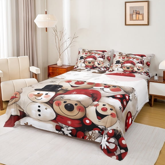Feelyou Christmas Snowman Full Size Sheets, Kawaii Cartoon Reindeer Bed Sheets, Kids Teens Girls Boys Sheet Sets, Microfiber Bedroom Decor, 4pcs