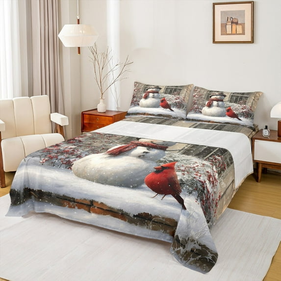 Feelyou Christmas Snowman Queen Sheet Sets, Cartoon Red Bird Flat Sheet, Vintage Farmhouse Cabin Queen Fitted Sheet, Microfiber Bedroom Decor, 4-Piece