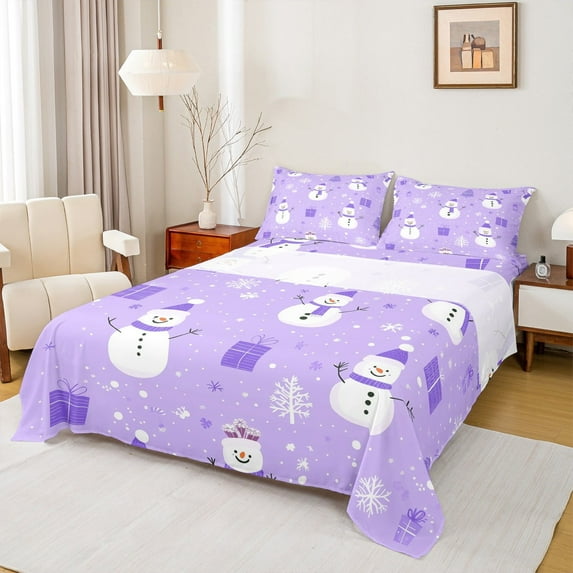 Feelyou Christmas Snowman Twin Sheet Sets, Winter Wonderland Landscape Twin Fitted Sheet, Purple Xmas Gift Flat Sheet, Luxury Bedroom Decor, 3pcs