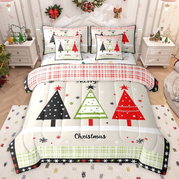 Feelyou Christmas Tree Bedding Comforter Set 7 Pieces for Kids, Chic Buffalo Plaid Full Bedding Set, Cartoon Stars Print Reversible Fitted Sheet Flat Sheet, Ultra Soft Bedroom Decor