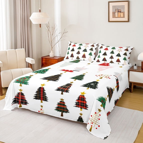 Feelyou Christmas Tree Child Full Size Sheets, Dreamy Xmas Stars Bed Sheets, Kawaii Cartoon Theme Sheet Sets, Luxury Bedroom Decor, 4pcs