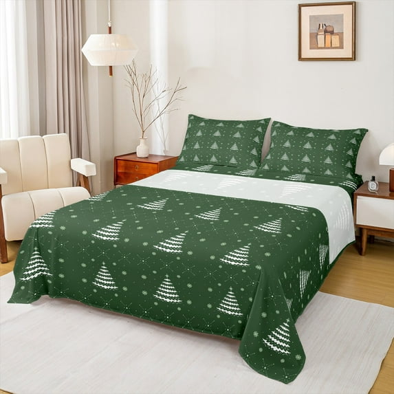 Feelyou Christmas Tree Full Size Sheets for Child, Winter Snowflake Bed Sheets, Happy New Year Sheet Sets, Breathable Home Decor, 4pcs