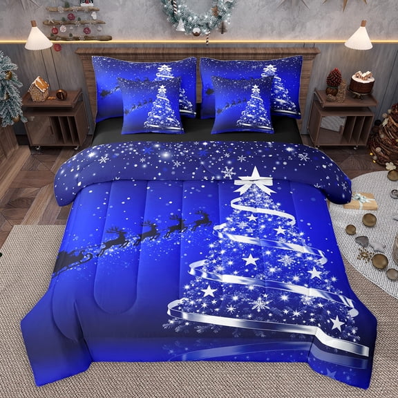 Feelyou Christmas Tree Kids Bedding Comforter Set 7 Pieces, Magic Jungle Reindeer Full Bedding Set, Glitter Xmas Stars Print Reversible Fitted Sheet Flat Sheet, Lightweight Room Decor