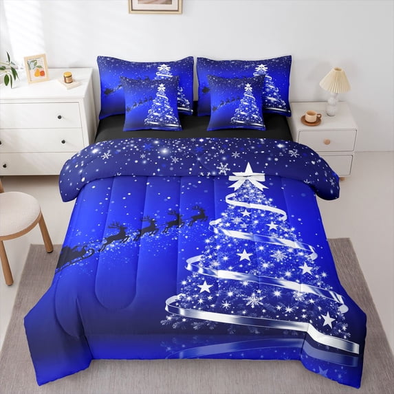 Feelyou Christmas Tree Kids Bedding Comforter Set 7pcs, Magic Jungle Reindeer King Bedding Sets, Glitter Xmas Stars Print Reversible Bed Sheets, Lightweight Room Decor