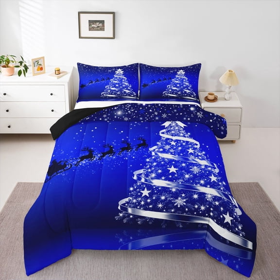 Feelyou Christmas Tree Kids Bedding Comforter Set, Magic Jungle Reindeer Twin Comforter Sets, Glitter Xmas Stars Print Reversible Bedding Set, Lightweight Room Decor, 2-Piece