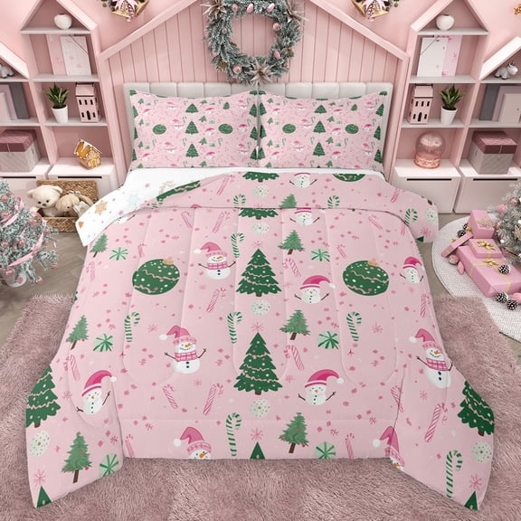 Feelyou Christmas Tree Kids Queen Comforter Set, Funny Xmas Snowman Bedding Sets, Pink Snowflake Print Reversible Bedding Comforter Set, Breathable Home Decor, 3 Pieces