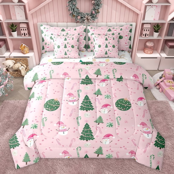 Feelyou Christmas Tree Kids Twin Bedding Sets 7-Piece, Funny Xmas Snowman Bedding Comforter Set, Pink Snowflake Print Reversible Sheet Sets, Breathable Home Decor