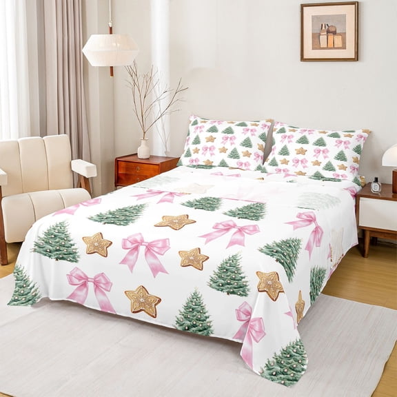 Feelyou Christmas Tree Kids Twin Sheet Sets, Bowknot Stars Dessert Bedding, 3pcs