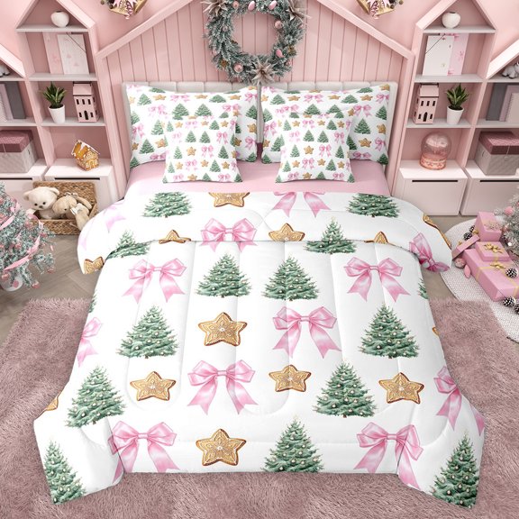Feelyou Christmas Tree Twin Bedding Sets 7pcs, Bowknot Stars Dessert Bedding Comforter Set