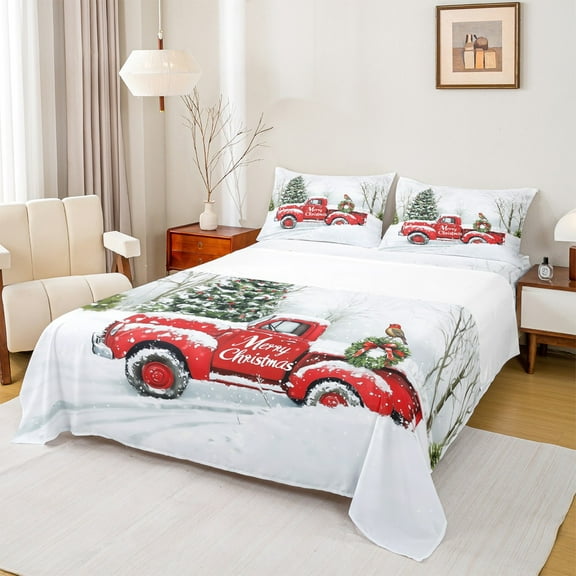 Feelyou Christmas Truck Bed Sheets, Kawaii Snowman Birds King Sheets, Xmas Tree Gifts Sheet Set, Microfiber Bedroom Decor, 4pcs