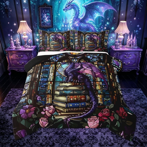 Feelyou Church Glass Dragon Queen Comforter Set for Men Women Kids, Gothic Library Book Animal Bedding Comforter Set, Purple Blue, Black Reversible, 3 Pieces