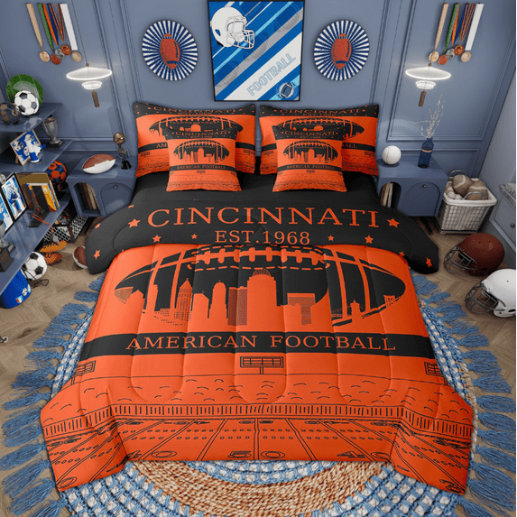 Feelyou Cincinnati Football City Bedding Comforter Set 7-Piece, Rugby Sports Full Bedding Set, Black Orange Fitted Sheet Flat Sheet, Kids Teens Bedroom Decor