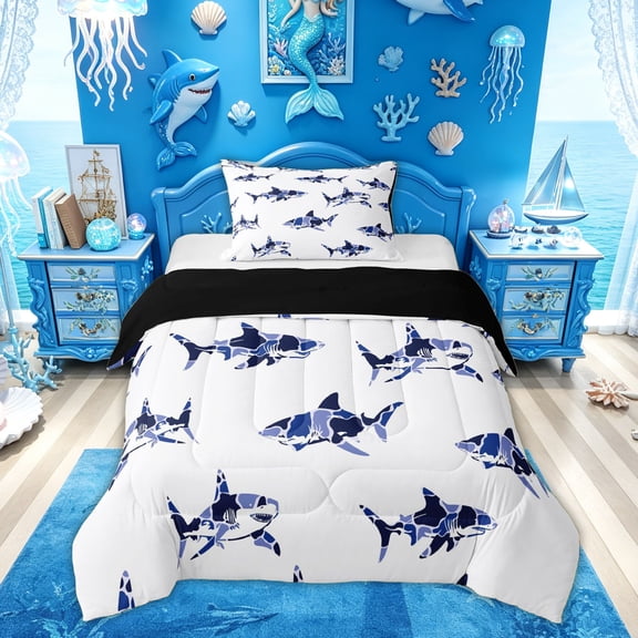 Feelyou Coastal Camo Shark Twin Comforter Sets for Men Boys, Sea Animal Bedding Set, Ocean, Black Reversible, 2-Piece