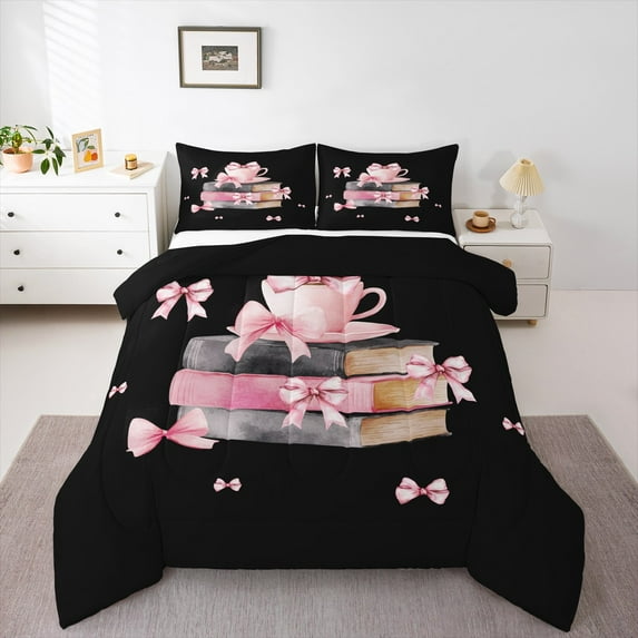 Feelyou Coffee Cup Child Full Size Comforter Sets, Girly Princess Bow-tie Bedding Comforter Set, Kawaii Pink Fashion Reversible Bedding Sets, Ultra Soft Bedroom Decor, 3-Piece