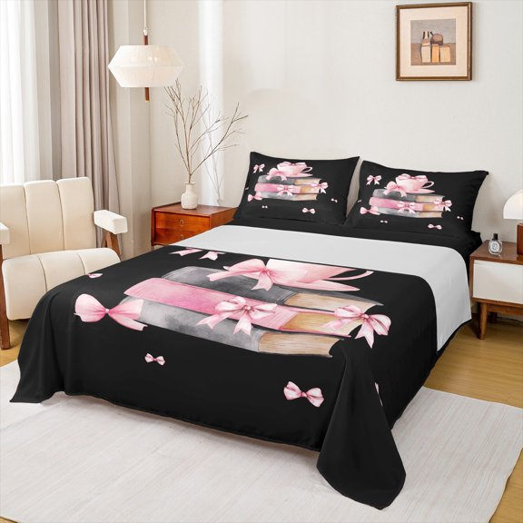 Feelyou Coffee Cup Child Twin Sheet Sets, Girly Princess Bow-tie Twin Fitted Sheet, Kawaii Pink Fashion Flat Sheet, Ultra Soft Bedroom Decor, 3-Piece