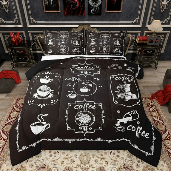 Feelyou Coffee Time Full Size Comforter Sets, Vintage Fashion Style Bedding Comforter Set, Teens Kids Boys Girls Reversible Bedding Sets, Microfiber Bedroom Decor, 3pcs
