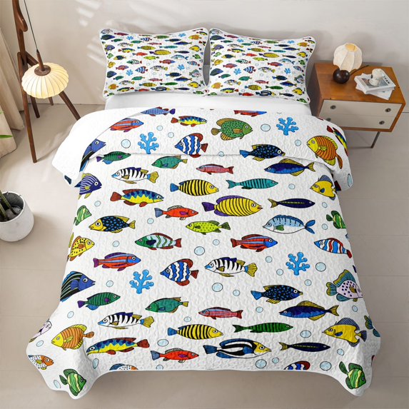 Feelyou Color Tropical Coral Cartoon Fish Bed Spread Queen for Girls Boys, Coral Sea Wildlife Queen Coverlet Set, 3 Pieces
