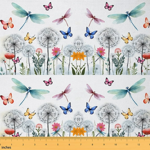 Feelyou Colorful Dragonfly Child Fabric by the Yard 2 Yards, Dandelion Botanical Sewing Fabric, Butterfly Animal Home Decor Fabric by the Yard, Lightweight Room Decor