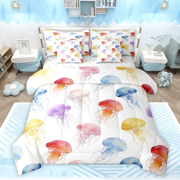 Feelyou Colorful Jellyfish Bedding Comforter Set 7pcs, Sea Animal Queen Bedding Sets