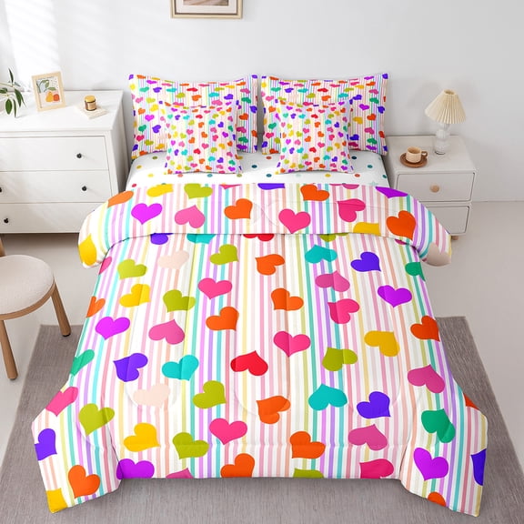 Feelyou Colorful Love Heart Twin Bedding Sets 7-Piece for Kid, Stripes Geometric Bedding Comforter Set, Kawaii Cute Cartoon Reversible Sheet Sets, Microfiber Bedroom Decor