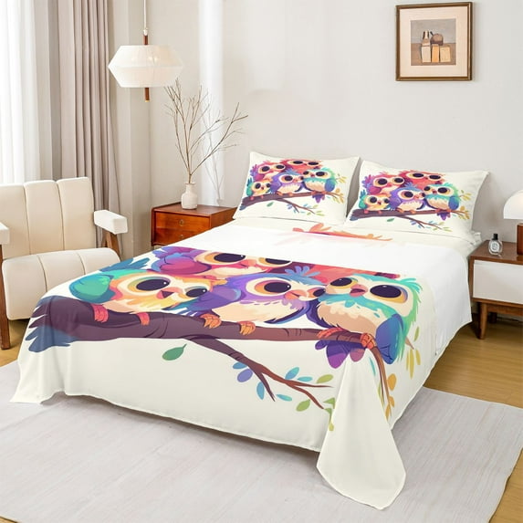 Feelyou Colorful Owl Child Twin Sheet Sets, Kawaii Cartoon Animal Twin Fitted Sheet, Branches Leaf Plant Flat Sheet, Breathable Home Decor, 3-Piece