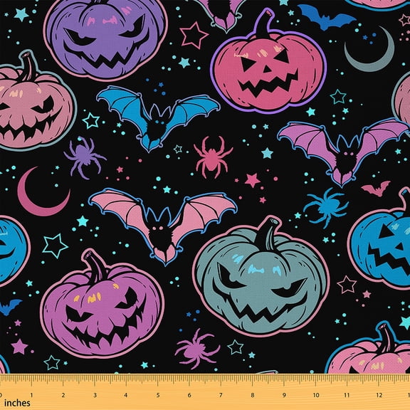 Feelyou Colorful Pumpkin Fabric by the Yard 1 Yard for Kids, Funny Gothic Bat Sewing Fabric, Happy Halloween Theme Home Decor Fabric by the Yard, Luxury Bedroom Decor