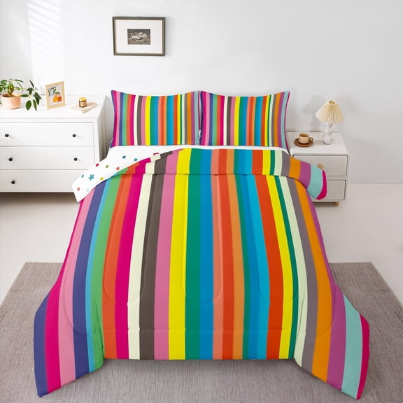 Feelyou Colorful Striped Teens Bedding Comforter Set, Cartoon Rainbow Geometric Twin Comforter Sets, Cartoon Style Reversible Bedding Set, Luxury Bedroom Decor, 2 Pieces