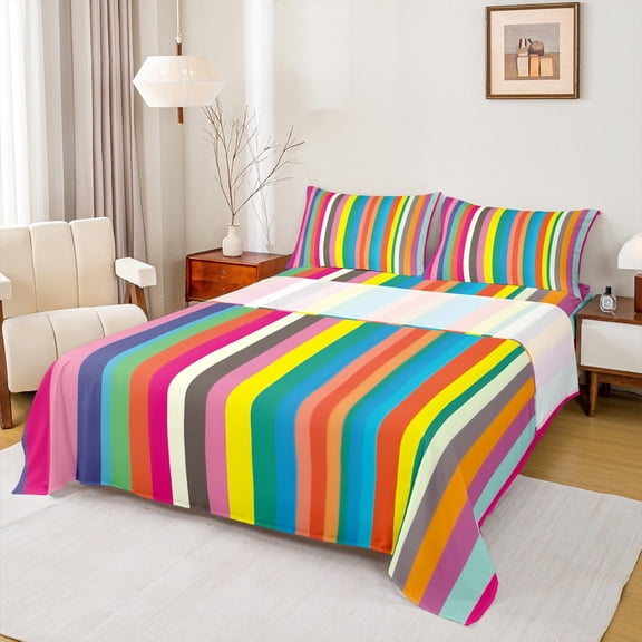 Feelyou Colorful Striped Teens Twin Sheet Sets, Cartoon Rainbow Geometric Twin Fitted Sheet, Cartoon Style Flat Sheet, Luxury Bedroom Decor, 3 Pieces