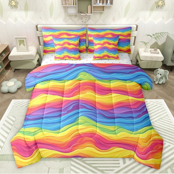 Feelyou Colorful Stripes Child Bedding Comforter Set 7 Pieces, Rainbow Watercolor Full Bedding Set, Kawaii Cartoon Theme Reversible Fitted Sheet Flat Sheet, Luxury Bedroom Decor