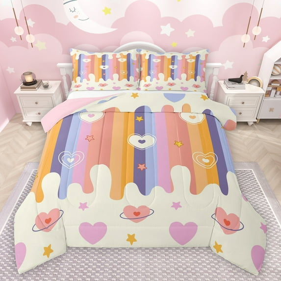 Feelyou Colorful Stripes Lines Queen Comforter Set, Cartoon Stars Love Heart Bedding Sets, Kids Teens Boys Girls Reversible Bedding Comforter Set, Lightweight Room Decor, 3 Pieces
