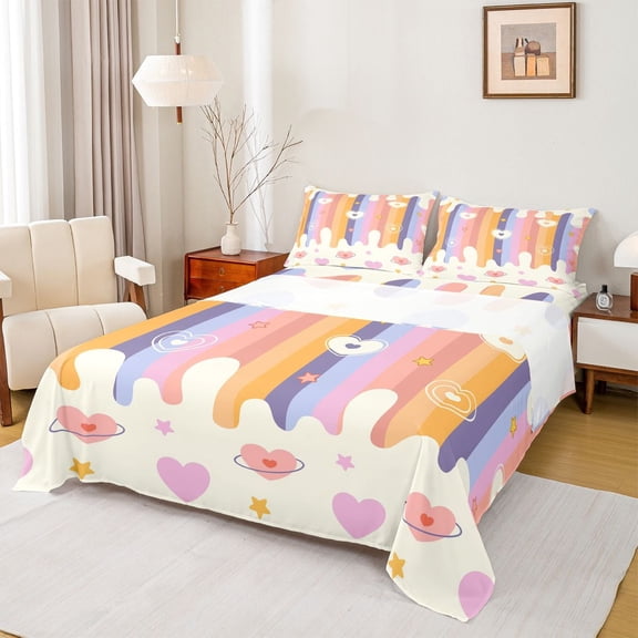 Feelyou Colorful Stripes Lines Twin Sheet Sets, Cartoon Stars Love Heart Twin Fitted Sheet, Kids Teens Boys Girls Flat Sheet, Lightweight Room Decor, 3 Pieces